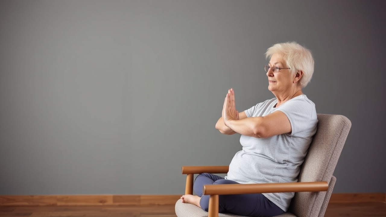 AI generated image by FLUX.1-schnell: A very old woman having a session yoga on chair.