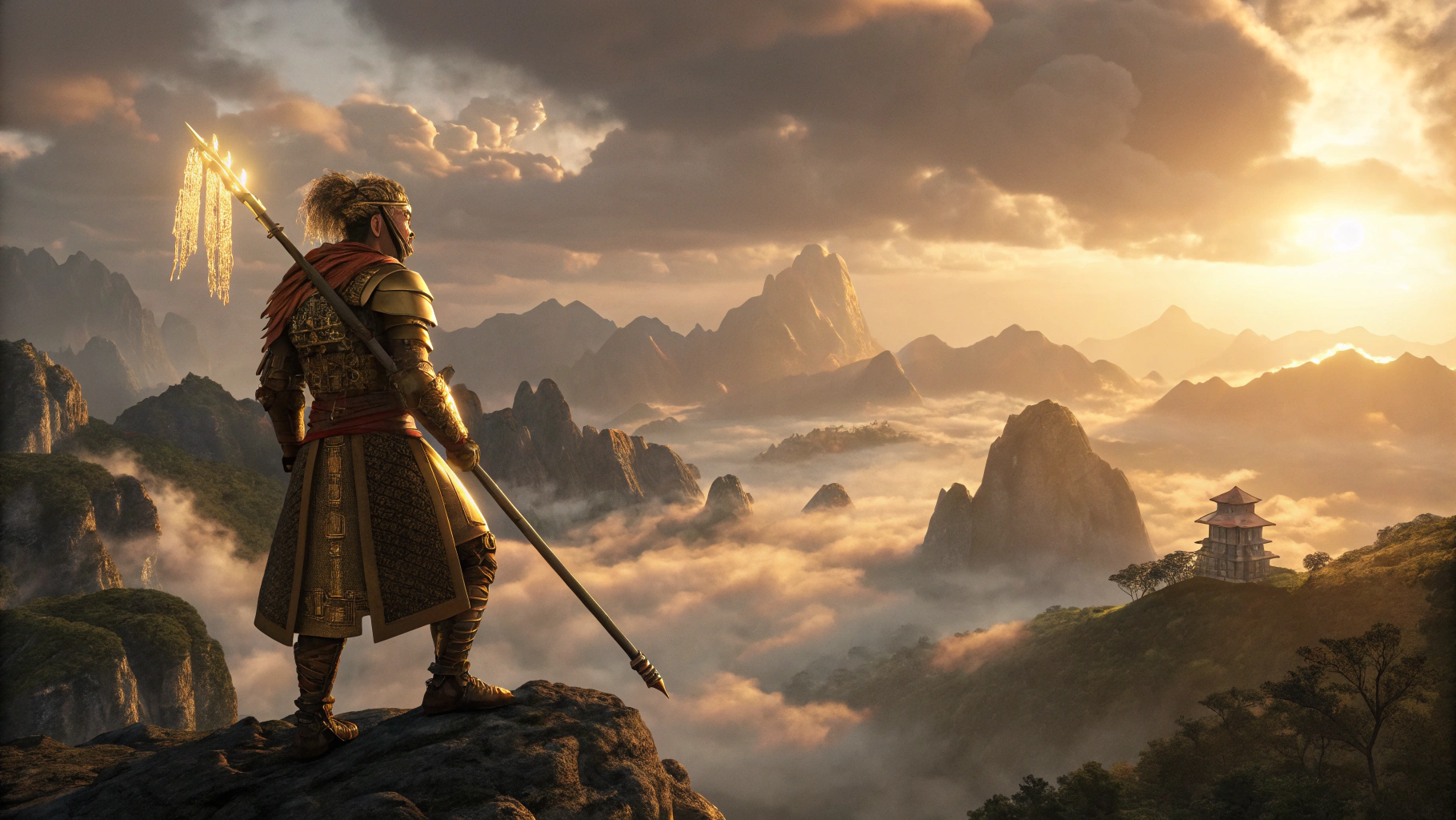 AI generated image by Red Panda AI: Epic scene of Sun Wukong, the Monkey King, standing alone on a mountain peak, facing a massive army of celestial gods filling the sky and land, ancient Chinese mythology style. Wukong is wearing golden armor, holding a glowing staff (Ruyi Jingu Bang), with his fur and armor glistening in the cinematic light. The gods are surrounded by divine clouds, ethereal auras, and shining weapons. Dramatic atmosphere, high-detail textures, realistic lighting, 8K resolution, ultra-realistic, movie-style, fantasy epic composition, photorealistic rendering, intense contrast, golden hour lighting.
