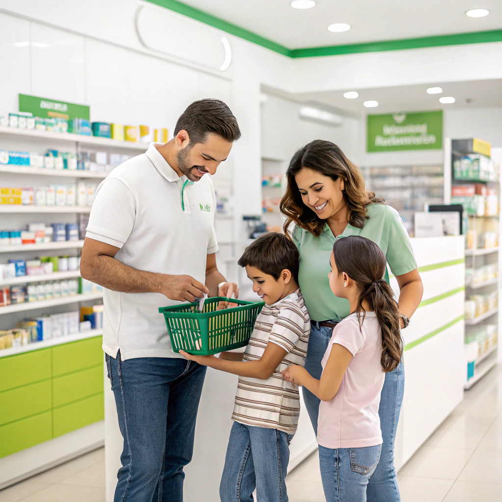 AI generated image by Red Panda AI: familia colombiana en una droguería cruz verde comprando medicamentos 