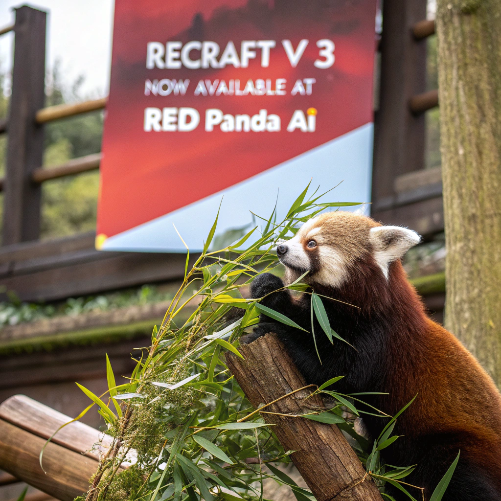 AI generated image by Red Panda AI: a red panda eating a bamboo in front of a poster that says "recraft V3 now available at red panda ai