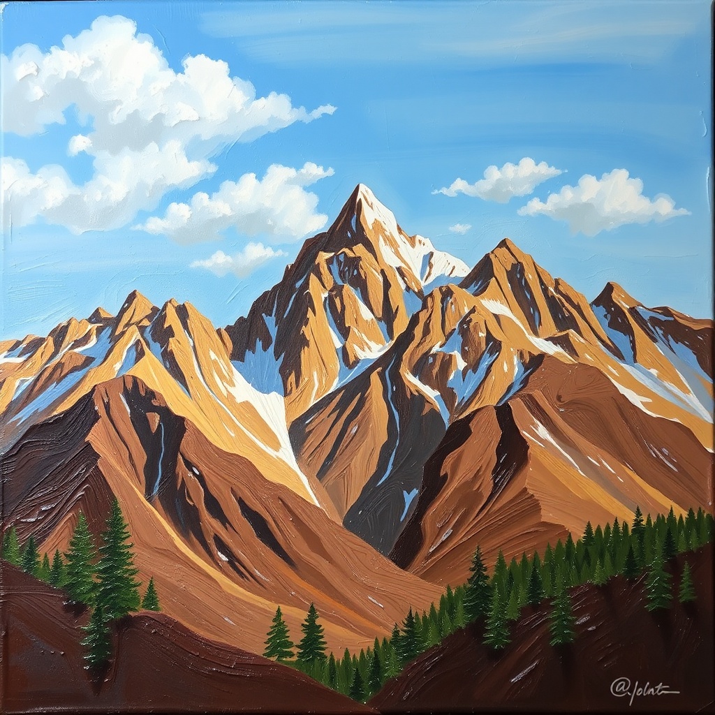 AI generated image by FLUX.1-schnell: Paint an oil picture of mountains with a consistency of chocolate and candy. 