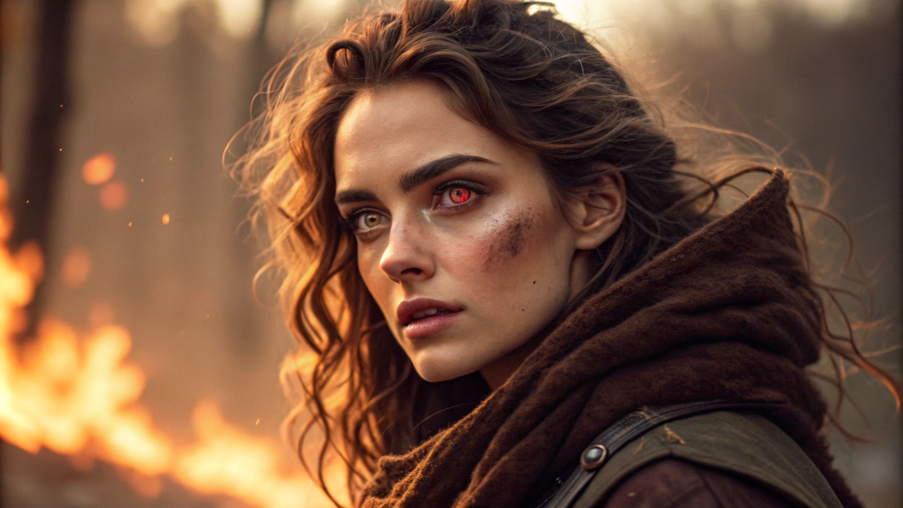 AI generated image by Red Panda AI: A full headshot of the most beautiful woman imaginable with eyes that scream wild heart and flicker with flames