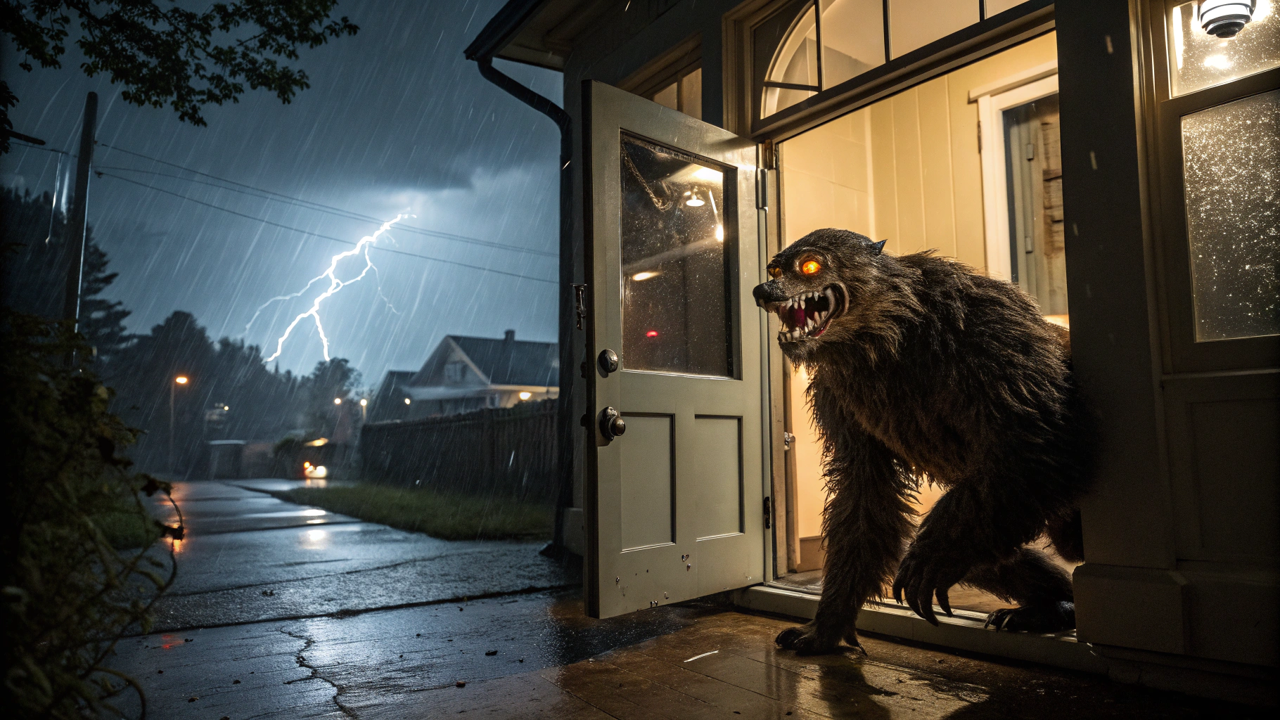 AI generated image by FLUX.1-schnell: A furry, scaly creature with large, razor sharp teeth, luminous eyes and long talons pulls itself through a dog door and into a dimly lit nighttime suburban kitchen. Lightning flashes outside the rain soaked windows. The creatures glistens wetly from the rain. Photorealistic.