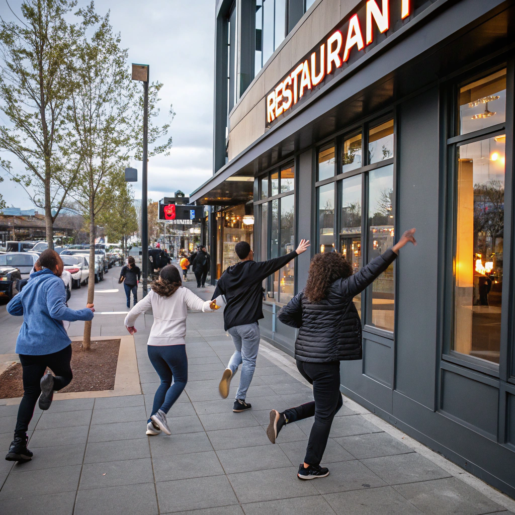 AI generated image by FLUX.1-schnell: People running to a restaurant 