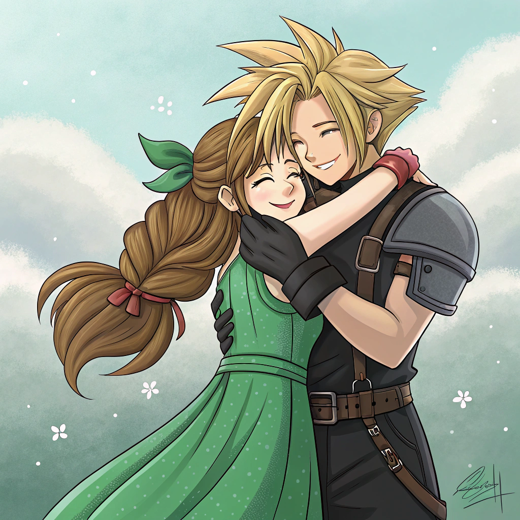 AI generated image by Red Panda AI: Aerith hugging Cloud