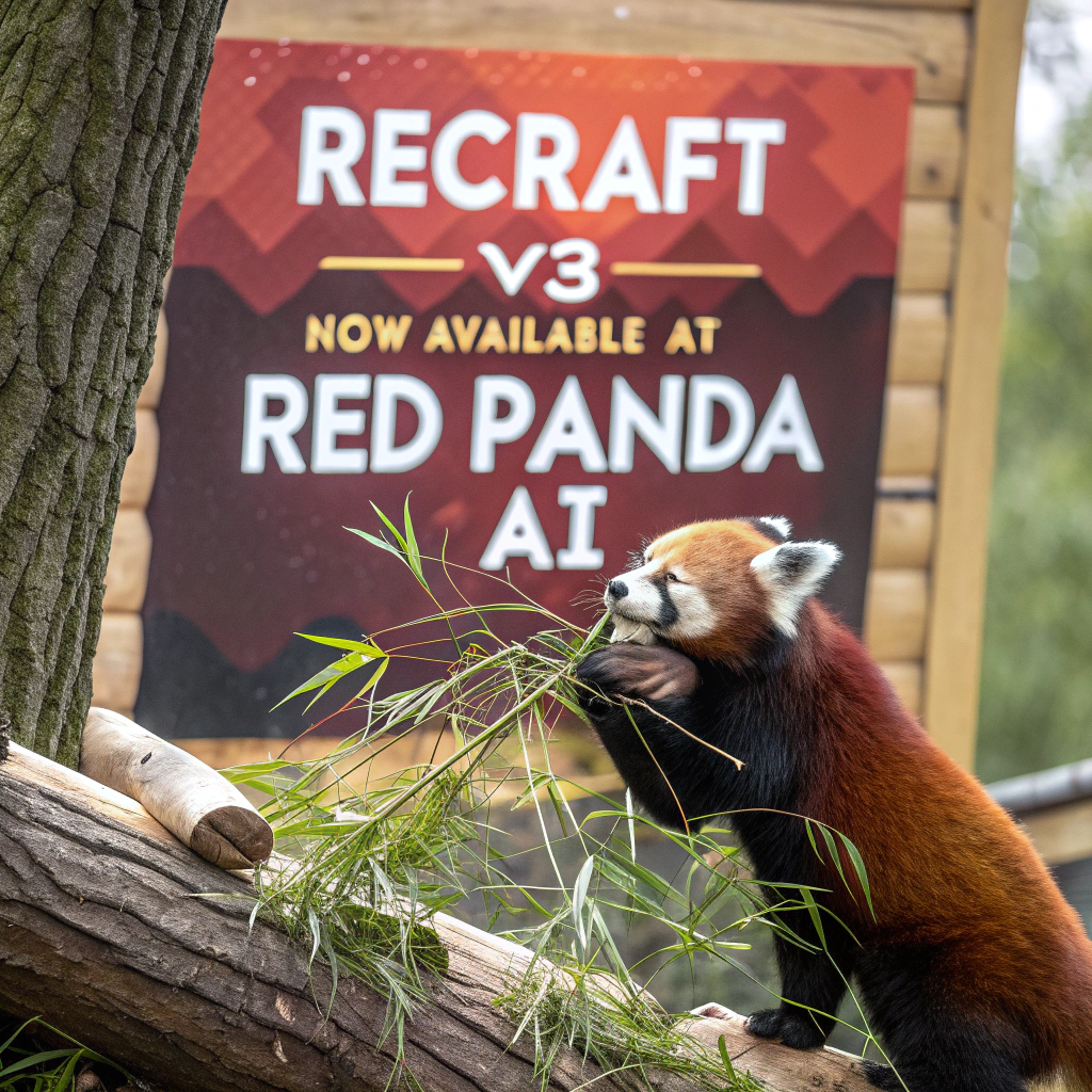 AI generated image by Red Panda AI: a red panda eating a bamboo in front of a poster that says "recraft V3 now available at red panda ai