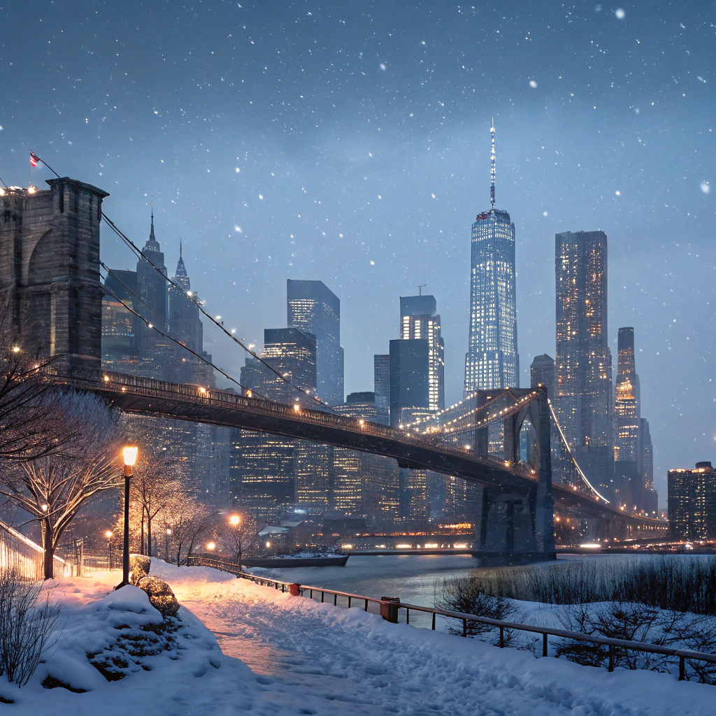 AI generated image by FLUX.1-schnell: Realistic 8k night snow in new york skyline with lighting led