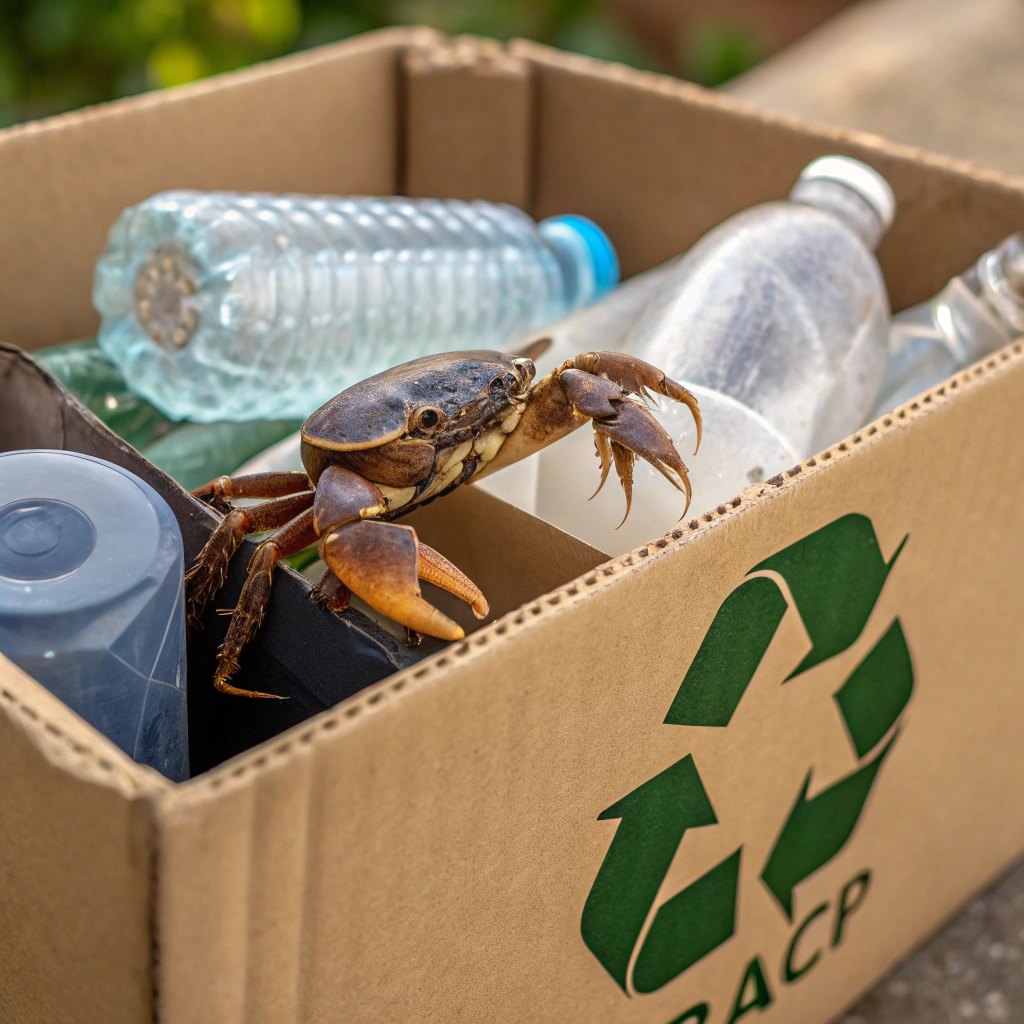 AI generated image by Red Panda AI: the crab from recycle box
