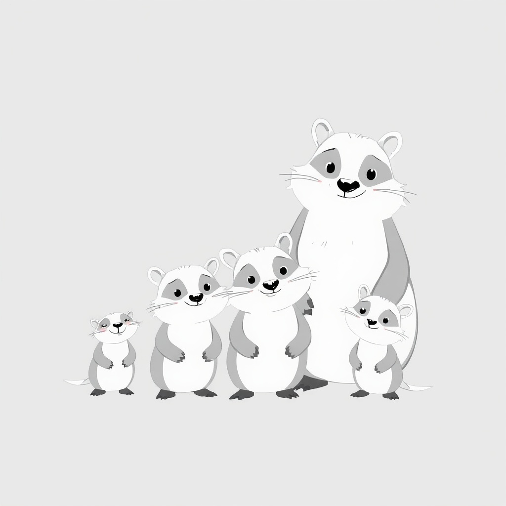 AI generated image by FLUX.1-schnell: Quiero una imagen estilo libro infantil  de un grupo de tejones, 2 grandes y 3 pequeños una familia donde se destaque el tamaño de los pequeños y los adultos. q sea en blanco y negro. pero recuerda son en total 5. 5!!!! 2 adultos!!! 2 y 3 pequeños. 3!!!!!
