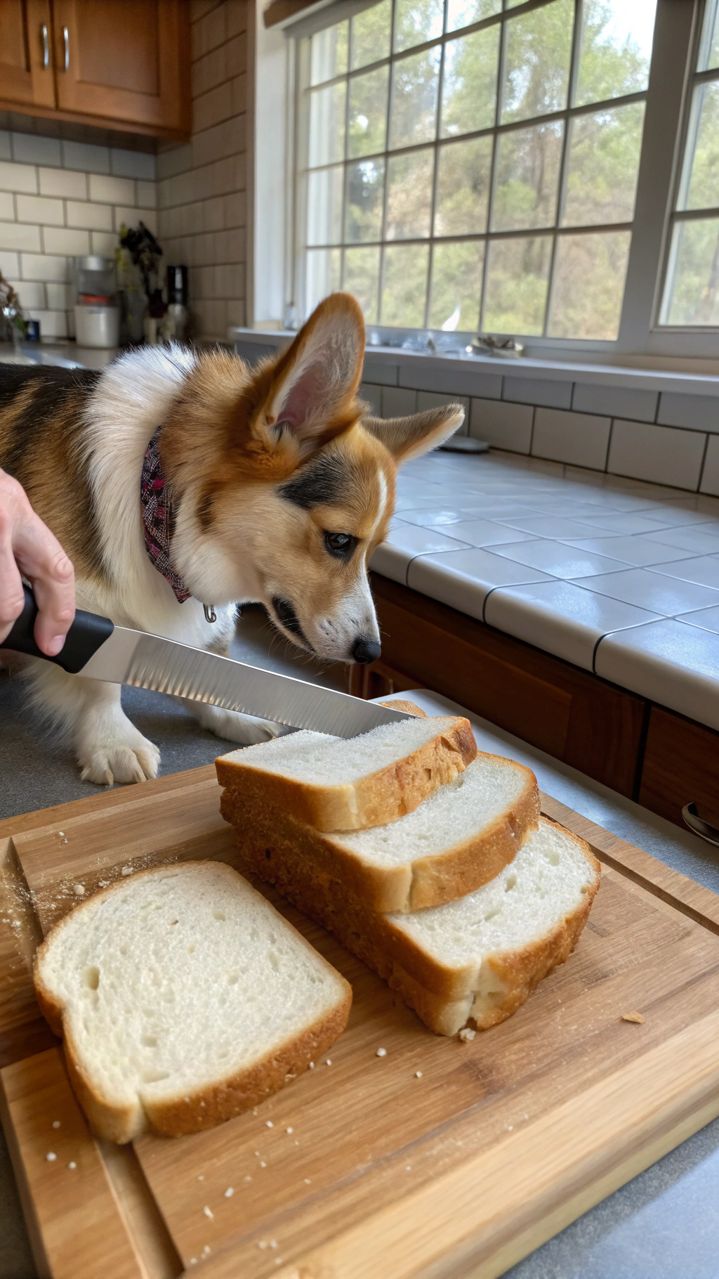 AI generated image by Red Panda AI: real life iphone photo of a corgi gripping a bread knife with its furry paw. It is using the bread knife to slice into a loaf of American bread. Next to the solid loaf of bread are several slices of bread. Scene is a suburban American kitchen during the day.