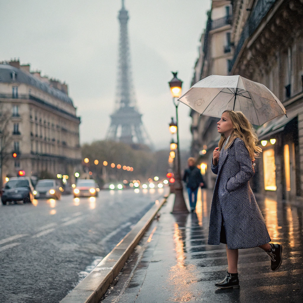 AI generated image by Red Panda AI: blond girl, french, paris under the rain