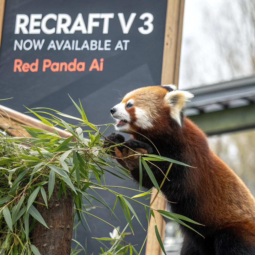 AI generated image by Red Panda AI: a red panda eating a bamboo in front of a poster that says "recraft V3 now available at red panda ai