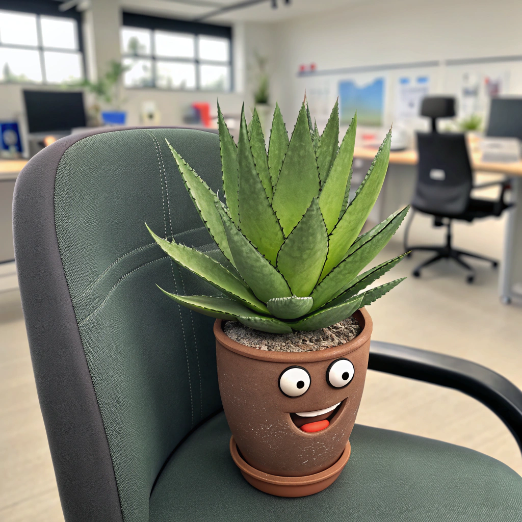 AI generated image by Red Panda AI: un agave puntiagudo en una oficina sentado en una silla sonriendo y con ojos que brillan, estilo hiperrealista