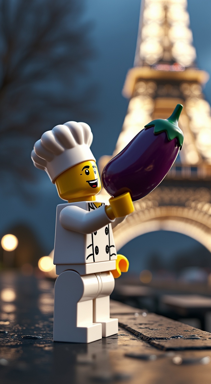 AI generated image by FLUX.1-pro: Cinematic, photorealistic shot: A LEGO minifigure chef, dressed entirely in white (hat, jacket, pants), stands proudly beside the iconic Eiffel Tower in Paris. The chef is passionately singing, holding a glossy purple eggplant up to its mouth, mimicking a microphone grip. No real microphone is present. The scene features dramatic, realistic lighting, highlighting the plastic texture of the LEGO figure against the detailed steel structure of the tower and the Parisian backdrop. High detail, sharp focus.

