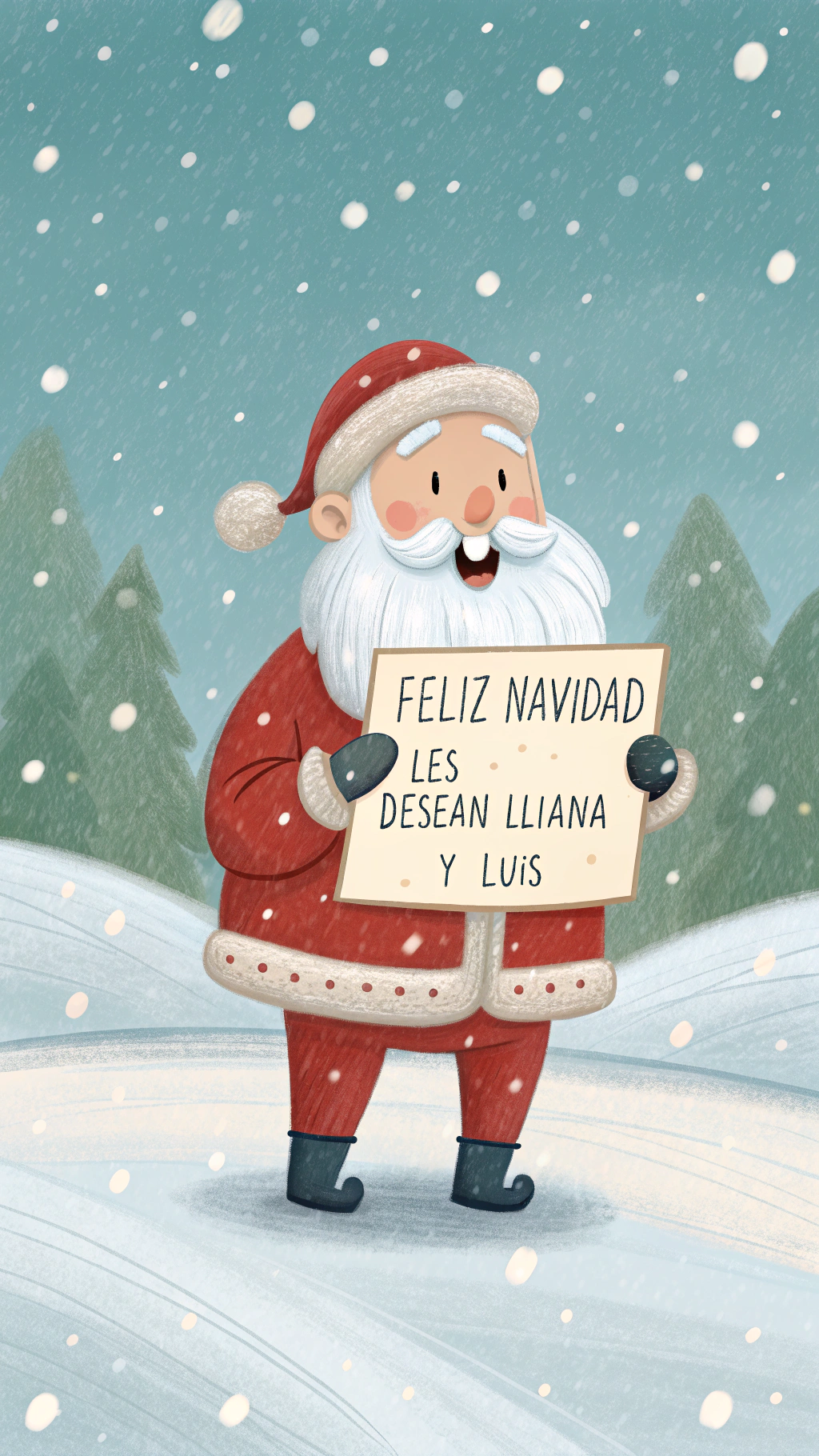 AI generated image by Red Panda AI: Create a standing Santa Claus walking towards the camera with a mustache and a thick white beard walking in the snow and holding a sign with both hands at chest level that says "Feliz Navidad les desean Liliana y Luis"