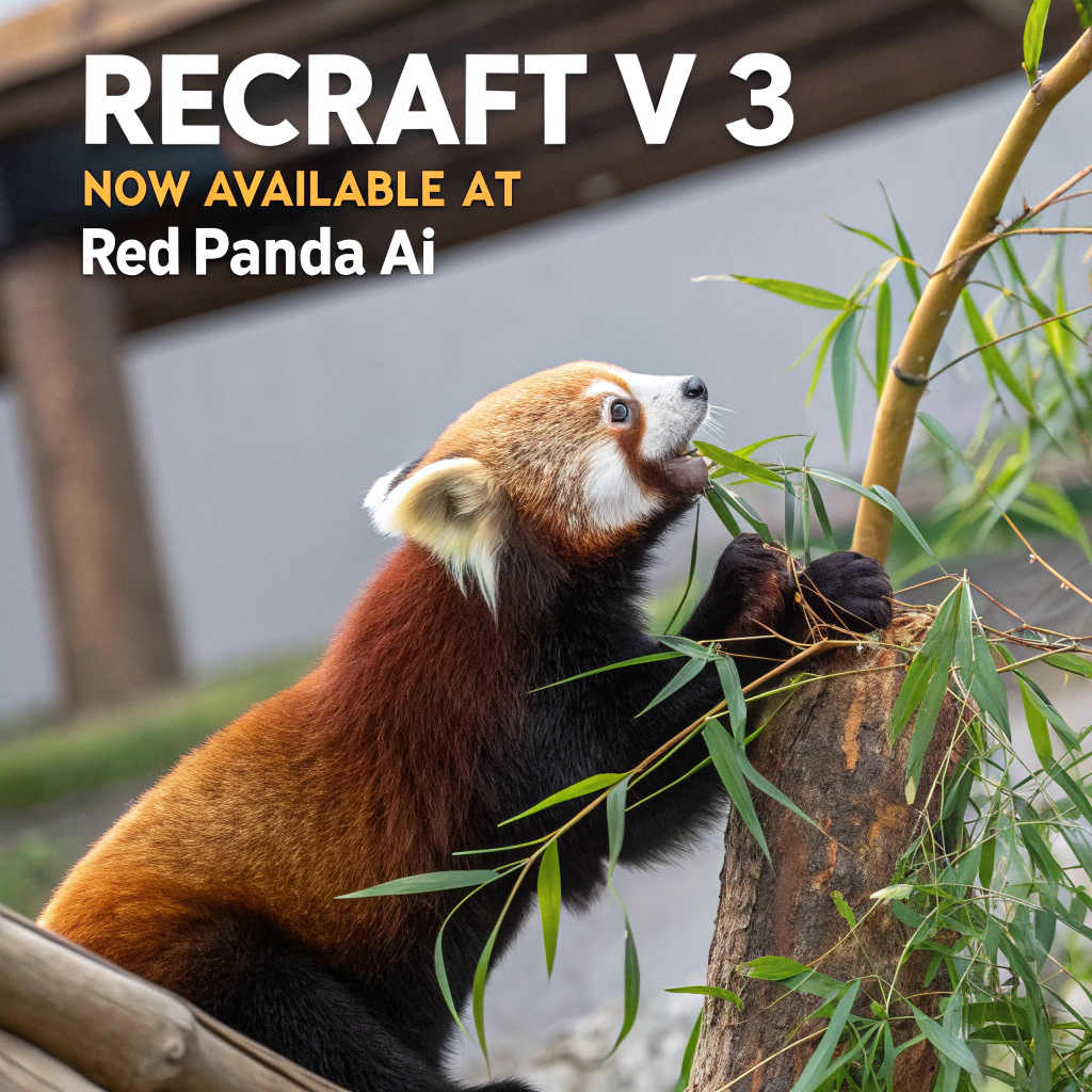 AI generated image by Red Panda AI: a red panda eating a bamboo in front of a poster that says "recraft V3 now available at red panda ai