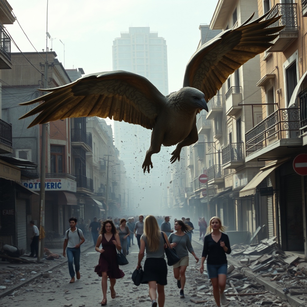 AI generated image by FLUX.1-schnell: gente en el fondo volando y destruyendo la ciudad mientras gente corriendo por las calles destruidas gritan