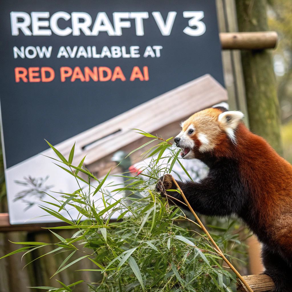 AI generated image by Red Panda AI: a red panda eating a bamboo in front of a poster that says "recraft V3 now available at red panda ai