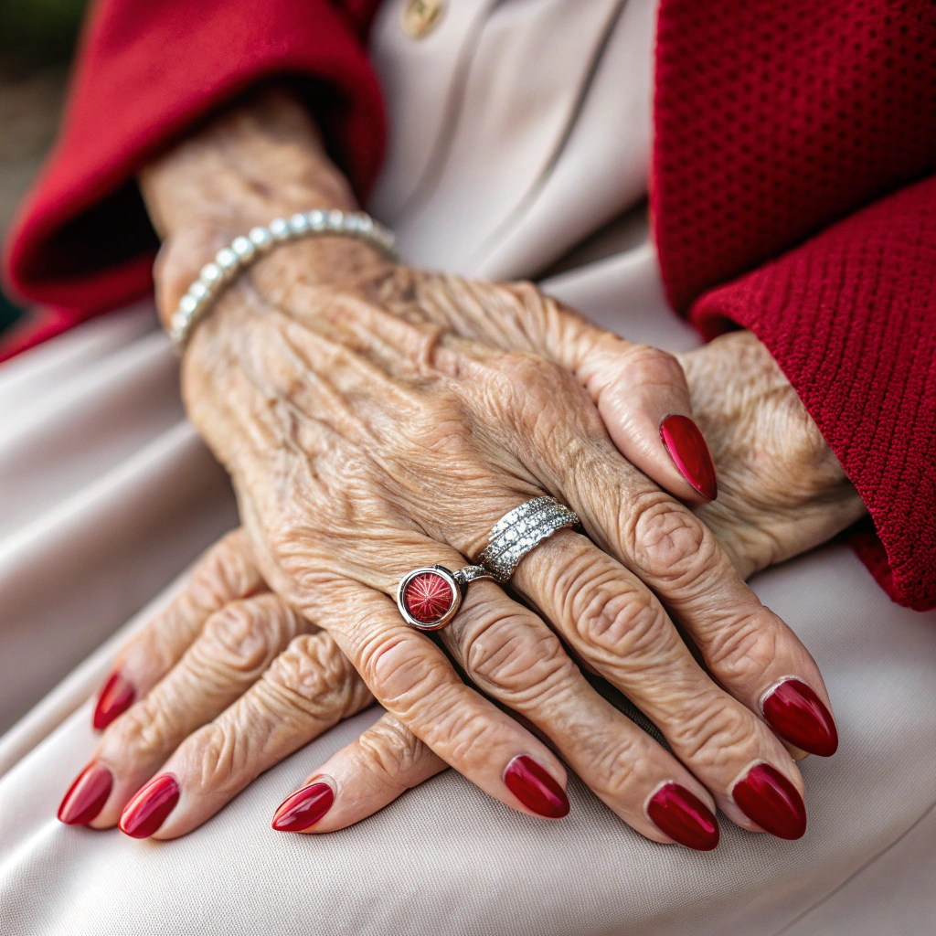 AI generated image by Red Panda AI: Mains de femme âgée, ongles vernis en rouge, portant des bagues 