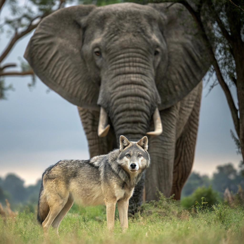 AI generated image by Red Panda AI: Uma loba cinza na frente de um elefante 