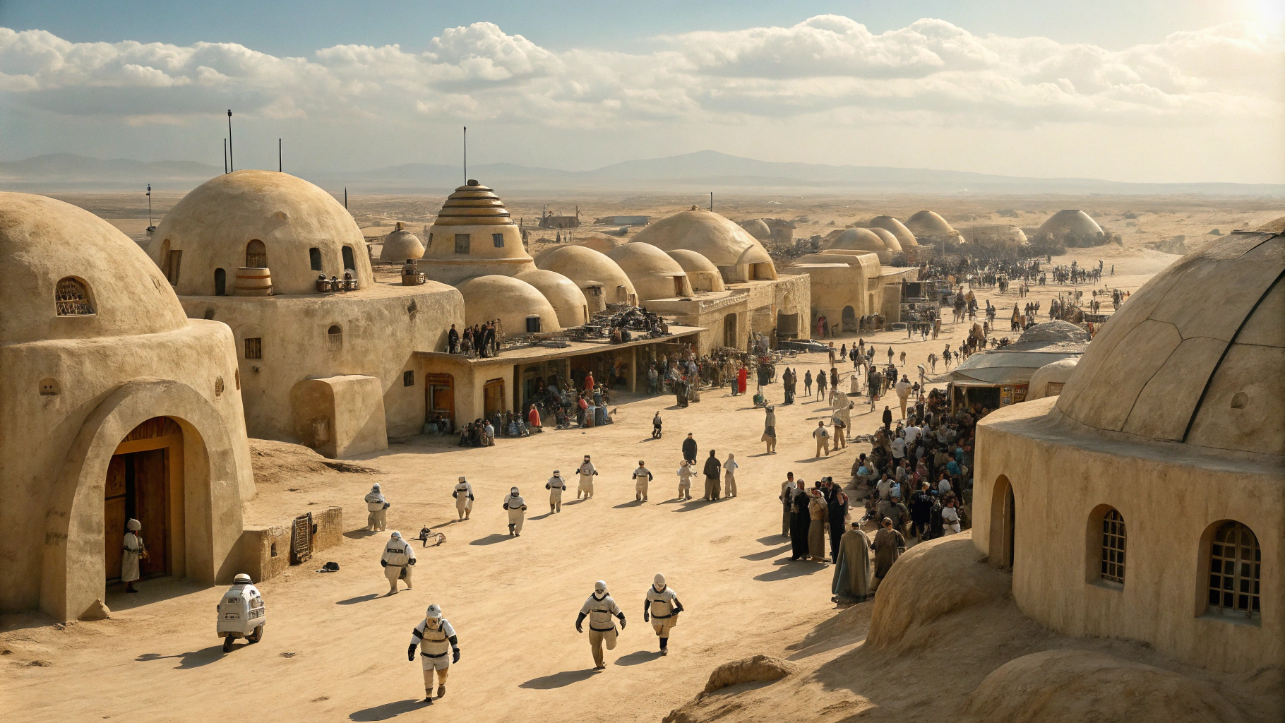 AI generated image by Red Panda AI: Star Wars cinematic style, Mos Eisley Spaceport, desert city of stucco rounded adobe style builsings, large crowd of aliens and droids walking around backwards forwards left and right