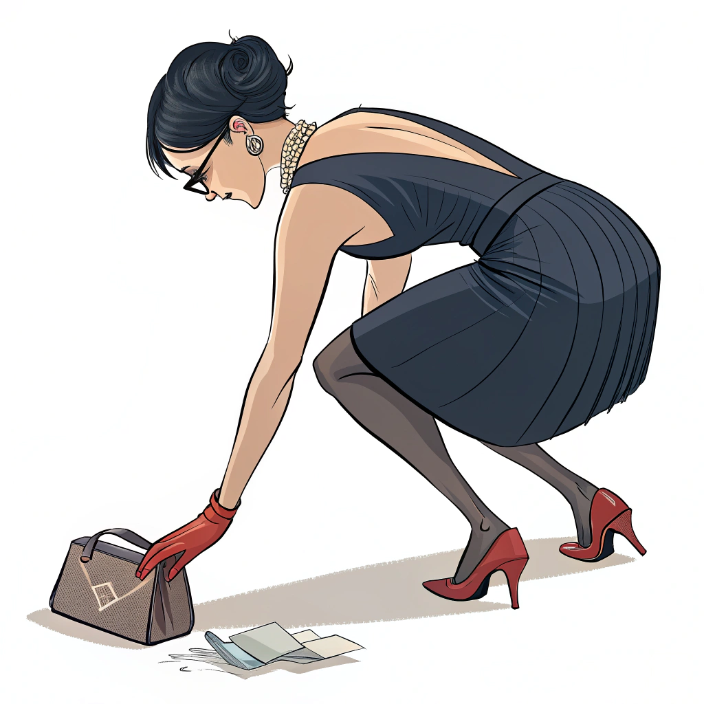 AI generated image by Red Panda AI: Una mujer muy parecida al personaje del videojuego Bayoneta recogiendo una moneda del piso. nosotros solo vemos la parte posterior (espalda) SIN SABER QUÉ ES LO QUE ESTA RECOGIENDO CON ESA FATA DIMINUTA