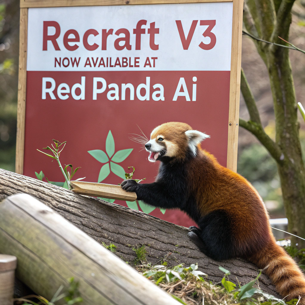 AI generated image by Red Panda AI: a red panda eating a bamboo in front of a poster that says "recraft V3 now available at red panda ai