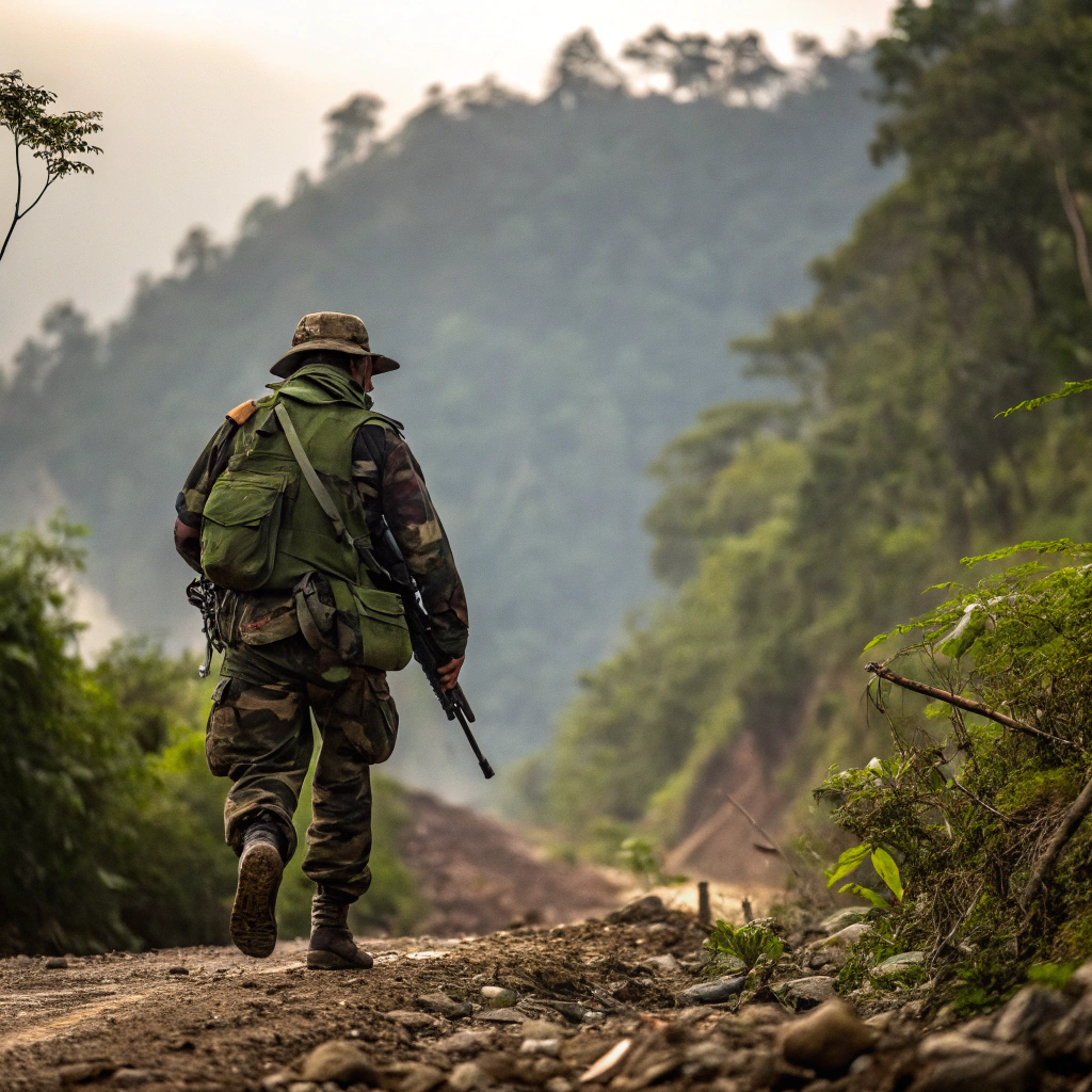 AI generated image by Red Panda AI: un gerrillero colombia caminando de costado