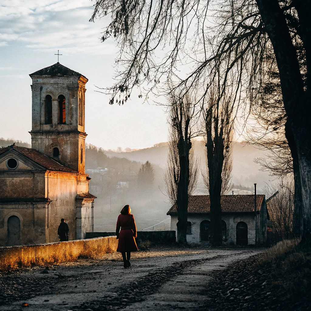 AI generated image by Red Panda AI: Un valle iluminado por el amanecer, con tonos cálidos de dorado y naranja. La mujer camina con paso firme, irradiando tranquilidad, con la iglesia en ruinas al fondo.

¿Deseas que continúe con las demás imágenes?