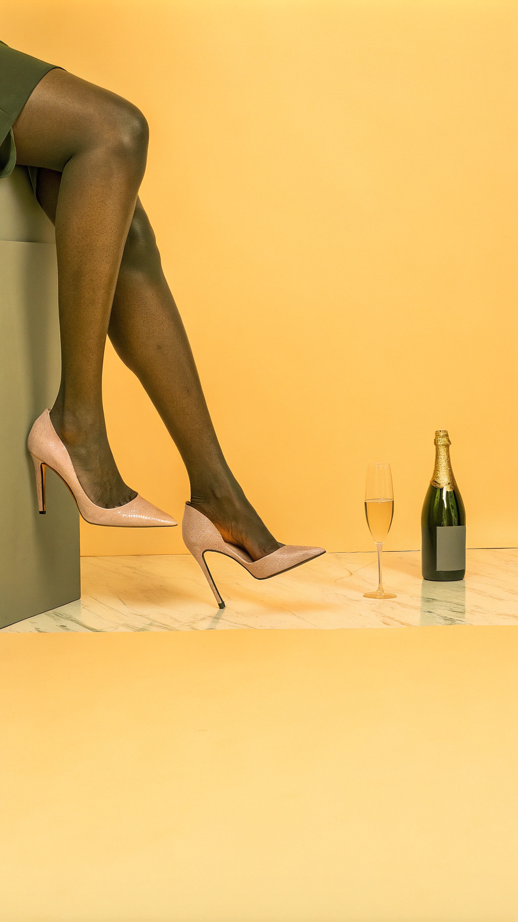 AI generated image by Red Panda AI: close up of an African woman legs and feet wearing pink Louboutin heels from the side with very defined features in a luxurious space marble floor and a Rosé champagne bottle is on the floor 
