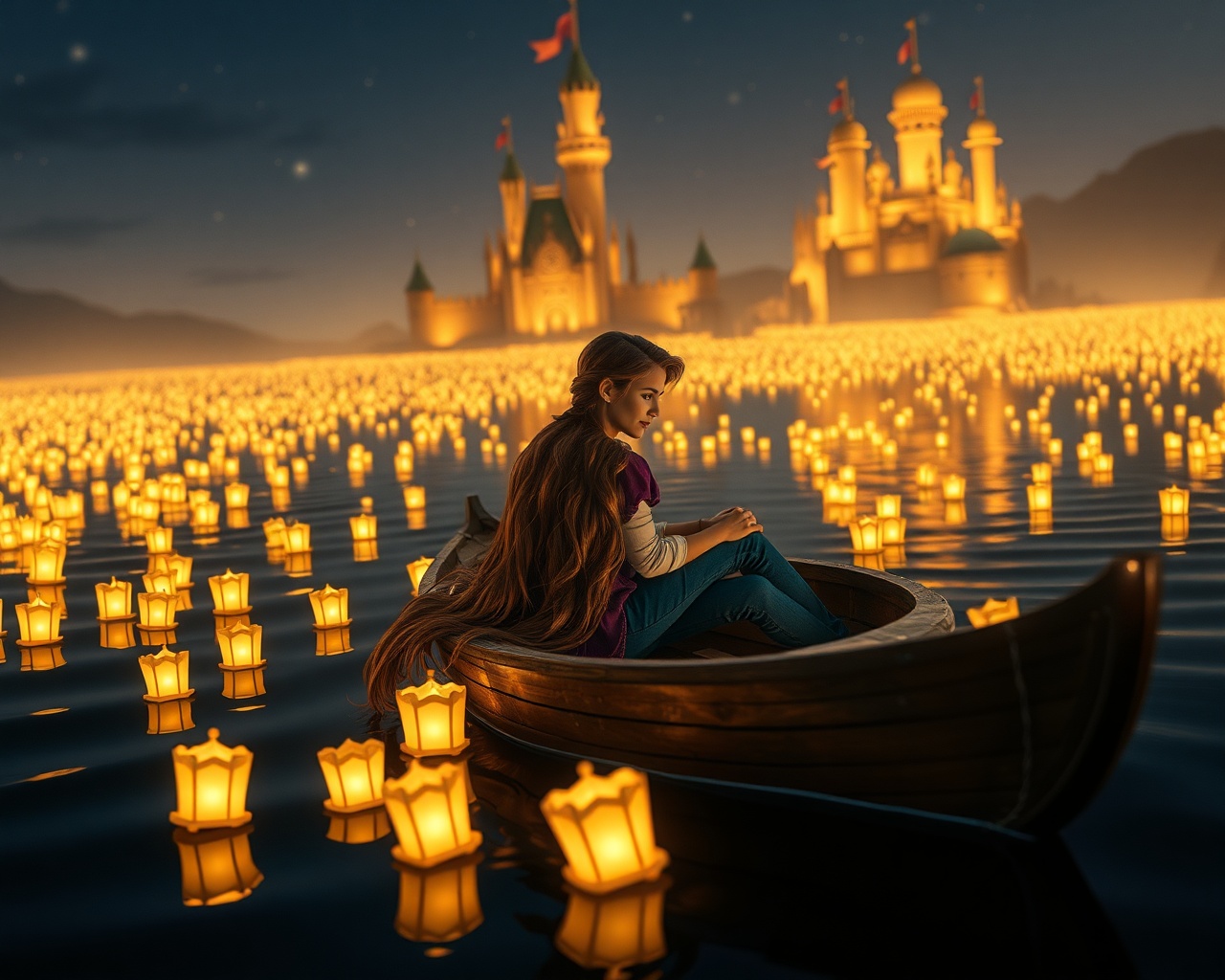AI generated image by FLUX.1-schnell: Escena cinematográfica hiperrealista de Rapunzel y Flynn Rider sentados juntos en una pequeña barca de madera sobre un lago tranquilo durante la noche. Están rodeados de cientos de linternas flotantes brillando con luz cálida dorada, reflejándose en el agua. Al fondo se ve un gran castillo de cuento iluminado suavemente. La atmósfera es mágica y romántica, inspirada en un festival de linternas tailandés (tipo Yi Peng). Rapunzel tiene el pelo muy largo, rubio y con textura natural, y Flynn Rider tiene un aspecto atractivo y ligeramente aventurero. Iluminación natural, ultra realista, profundidad de campo, calidad 4K, reflejos suaves en el agua, alto nivel de detalle.