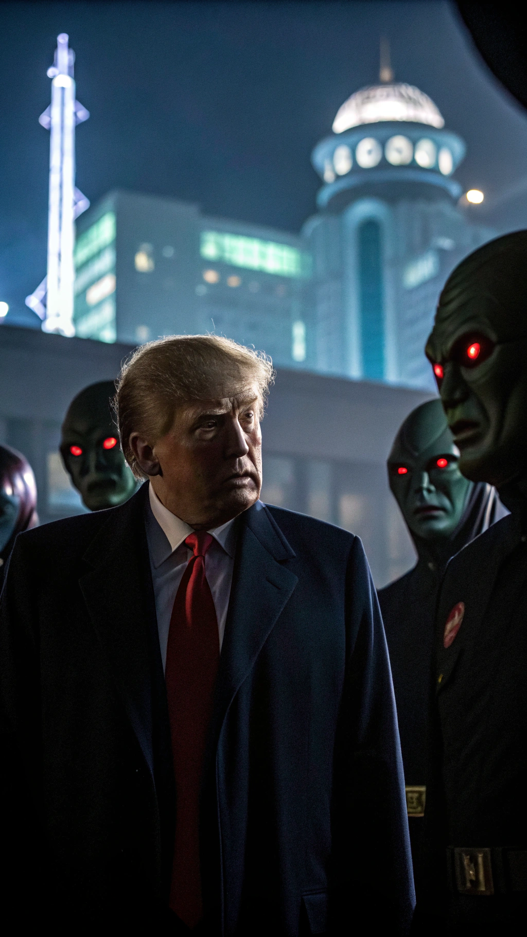 AI generated image by FLUX.1-schnell: Evil Donald Trump collaborating with Aliens from North Korea