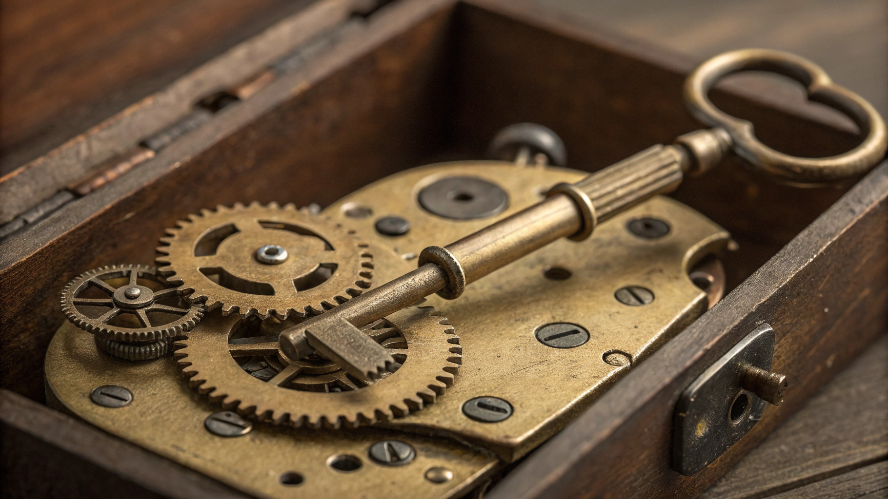 AI generated image by Red Panda AI: A close-up photograph of an antique brass lock mechanism captured in the middle of being turned with a key. The image shows the intricate internal gears and pins of the lock in a transitional state – some pins are already aligned while others are still moving into position.
The craftsmanship of the vintage mechanism is visible, with warm brass tones against a darker background. The key is partially visible, caught in motion during the crucial moment where resistance gives way to movement.