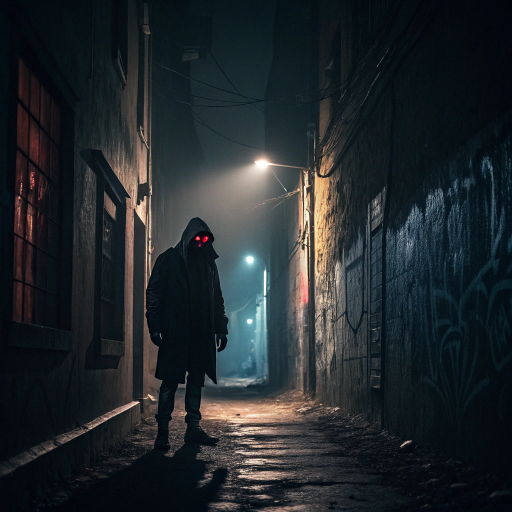 AI generated image by Red Panda AI: una callejon oscura, con un asesino con ojos rojos muy oscuro y sombrio