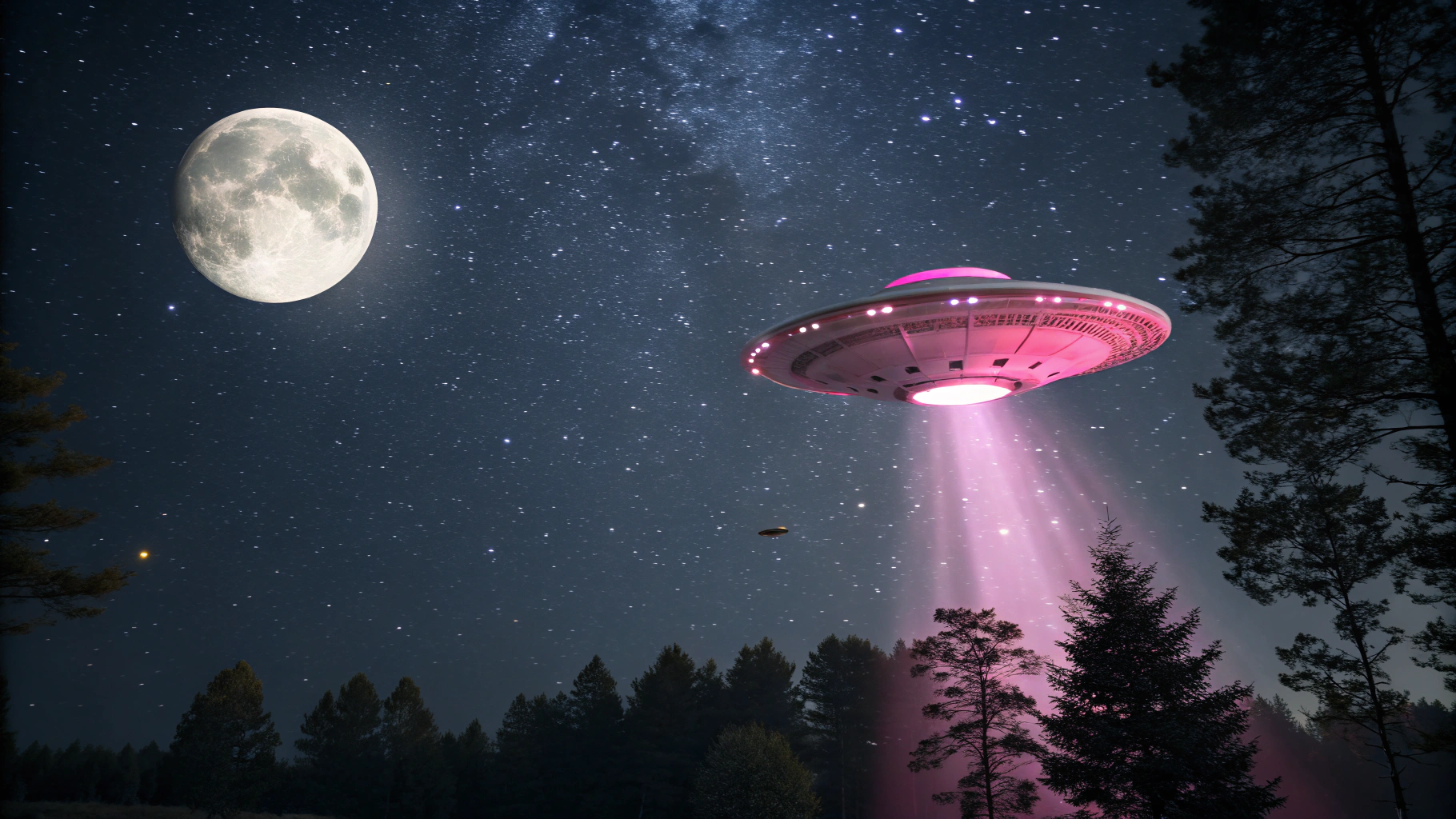 AI generated image by Red Panda AI: A cinematic photograph of a pink ufo in the night sky with a full moon 