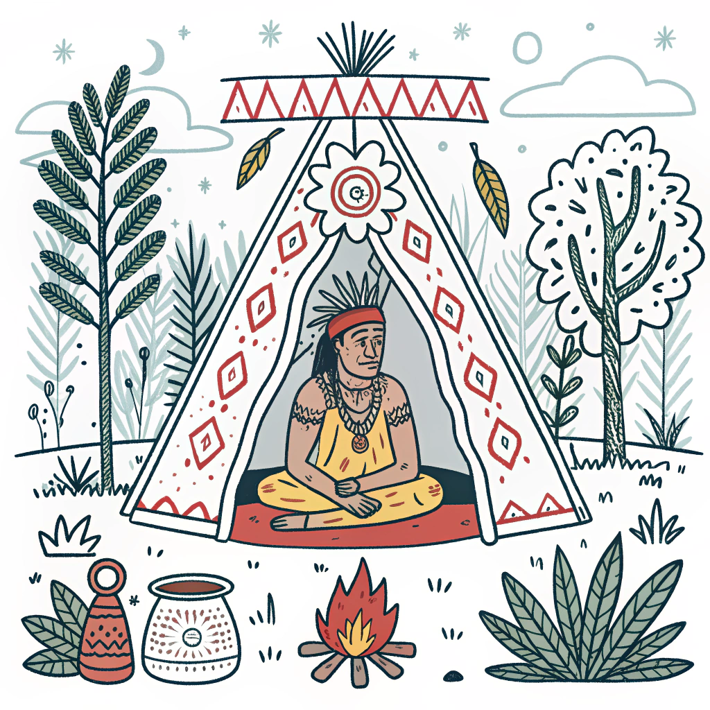 AI generated image by Red Panda AI: Crea una imagen, El shaman, sentado en una posición de loto dentro de su choza iluminada por la tenue luz de una fogata. A su alrededor hay hierbas, semillas, y vasijas ceremoniales. Su expresión es de concentración, y sobre su cabeza aparece una visión mística: una planta de achiote, brillando con un resplandor rojizo y rodeada de espíritus de la selva con formas animales como jaguares, monos y aves exóticas. Estilo lineal.