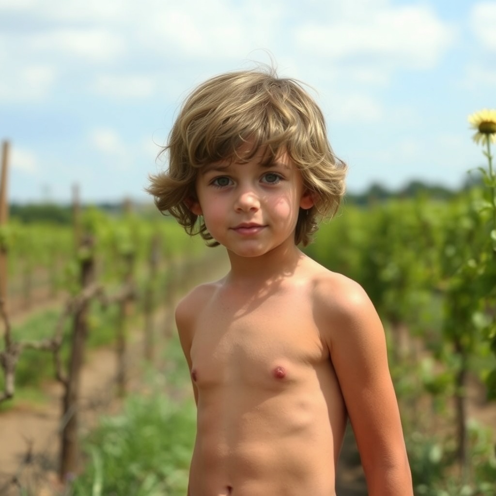 AI generated image by FLUX.1-schnell: garçon de dix ans en petit short, torse nu devant une grange