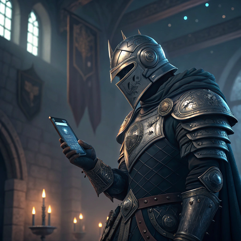 AI generated image by Red Panda AI: Really cool knight with a phone
