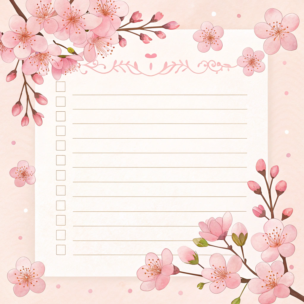 AI generated image by Red Panda AI: light pink wedding signature sheet, with small sakura flowers surrounding as border