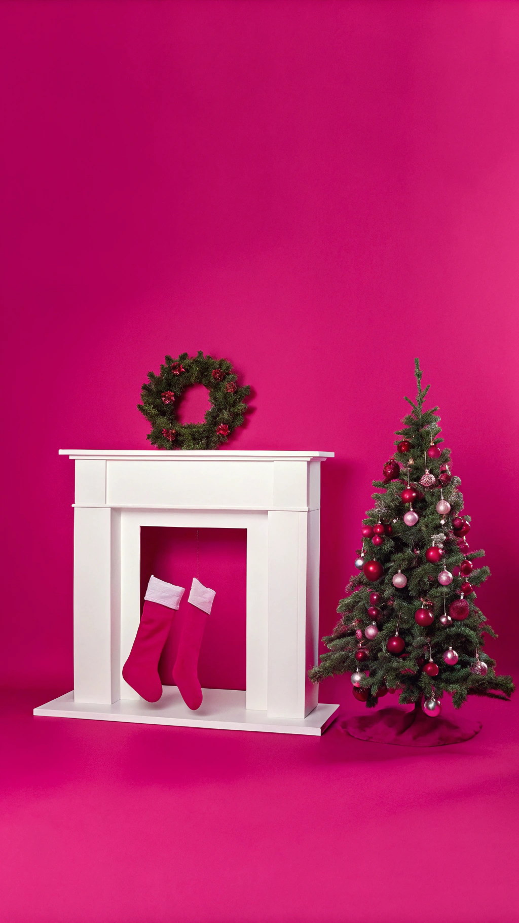 AI generated image by Red Panda AI: haz un fireplace de cast stone de estilo moderno con motivos navideños de decoración y con un árbol de navidad a la izquierda