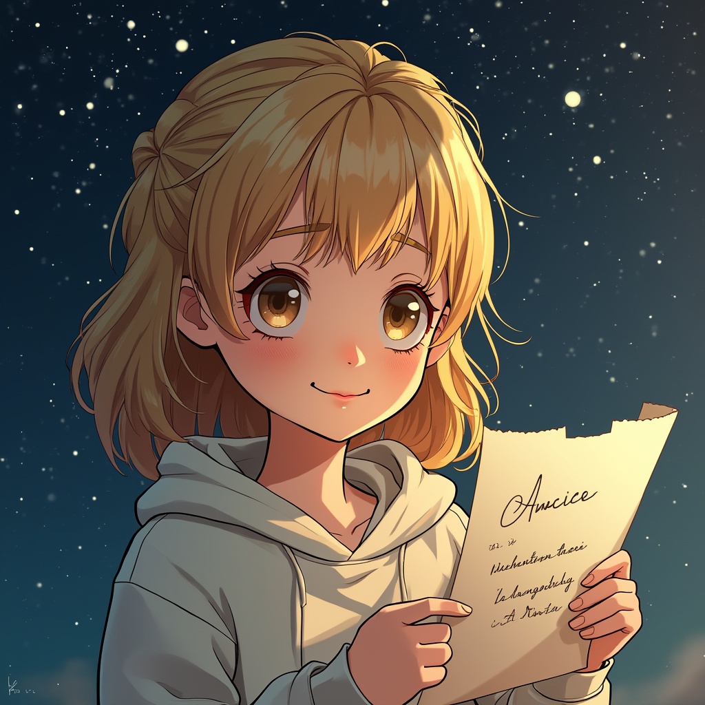 AI generated image by FLUX.1-pro: Красивая аниме девушка 13 лет,с голубыми волосами,с красивыми голубыми глазами,на фоне космоса с луной в первом верхнем углу,держит листок в обоих руках с надписью Lontr1x