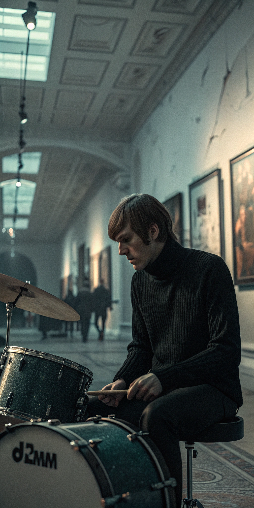 AI generated image by FLUX.1-schnell: a strange artist man in a black turtleneck sweater and a mullet is playing a vintage drums set in an art museum, surreal, creepy, old beat up film look, damaged film,  grainy old black and white, 16mm film from 1929  -ar 16:9
