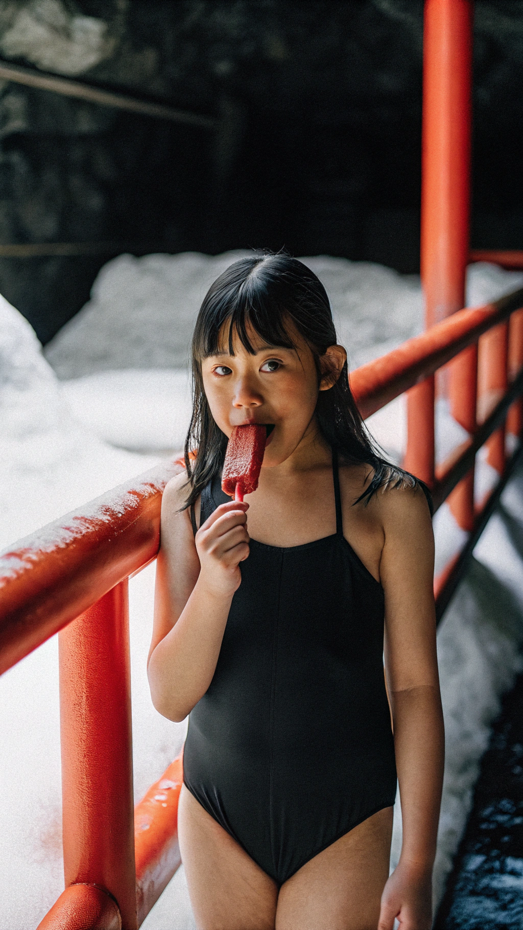 AI generated image by Red Panda AI: A photograph of a cute skinny 11-year-old Japanese girl wearing race-back black swimwear is posing in the glacier scape for enjoying and tasting the cold.