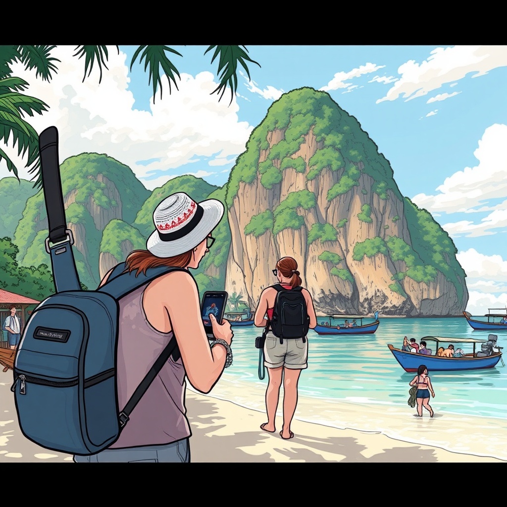 AI generated image by FLUX.1-schnell: tourist with local guide touring Thailand beach in illustrated style
