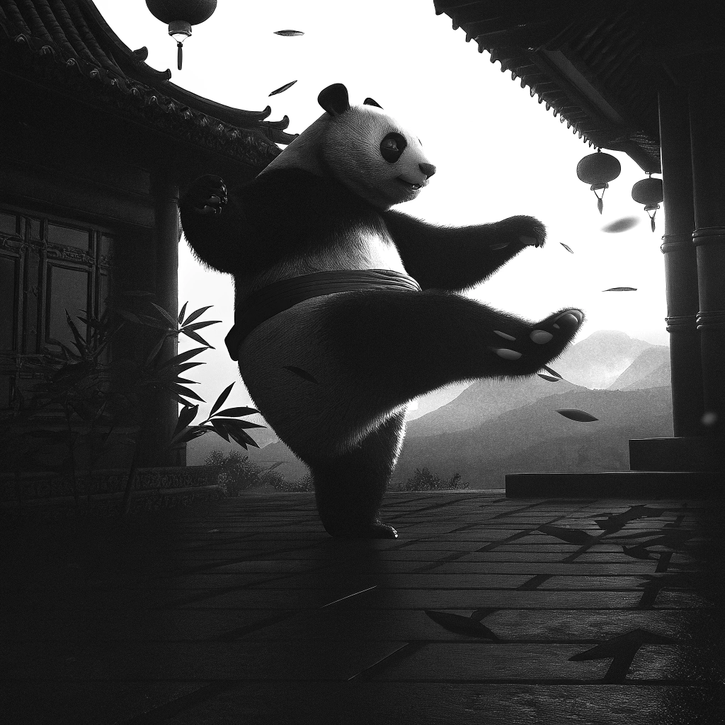 AI generated image by Red Panda AI: Um panda em uma pose dinâmica de luta de kung fu, exibindo movimentos ágeis e precisos. Ele está no meio de um salto, com uma pata estendida para um chute poderoso e a outra preparada para se defender. O panda está vestindo uma faixa vermelha na cintura e braceletes decorativos dourados. O cenário é um templo tradicional chinês, com lanternas vermelhas penduradas e montanhas nebulosas ao fundo. Ao redor do panda, folhas de bambu voam com o impacto do movimento, enquanto o chão de pedra reflete a luz do pôr do sol, dando um tom dourado ao ambiente. A expressão do panda transmite concentração e determinação, destacando sua habilidade e força