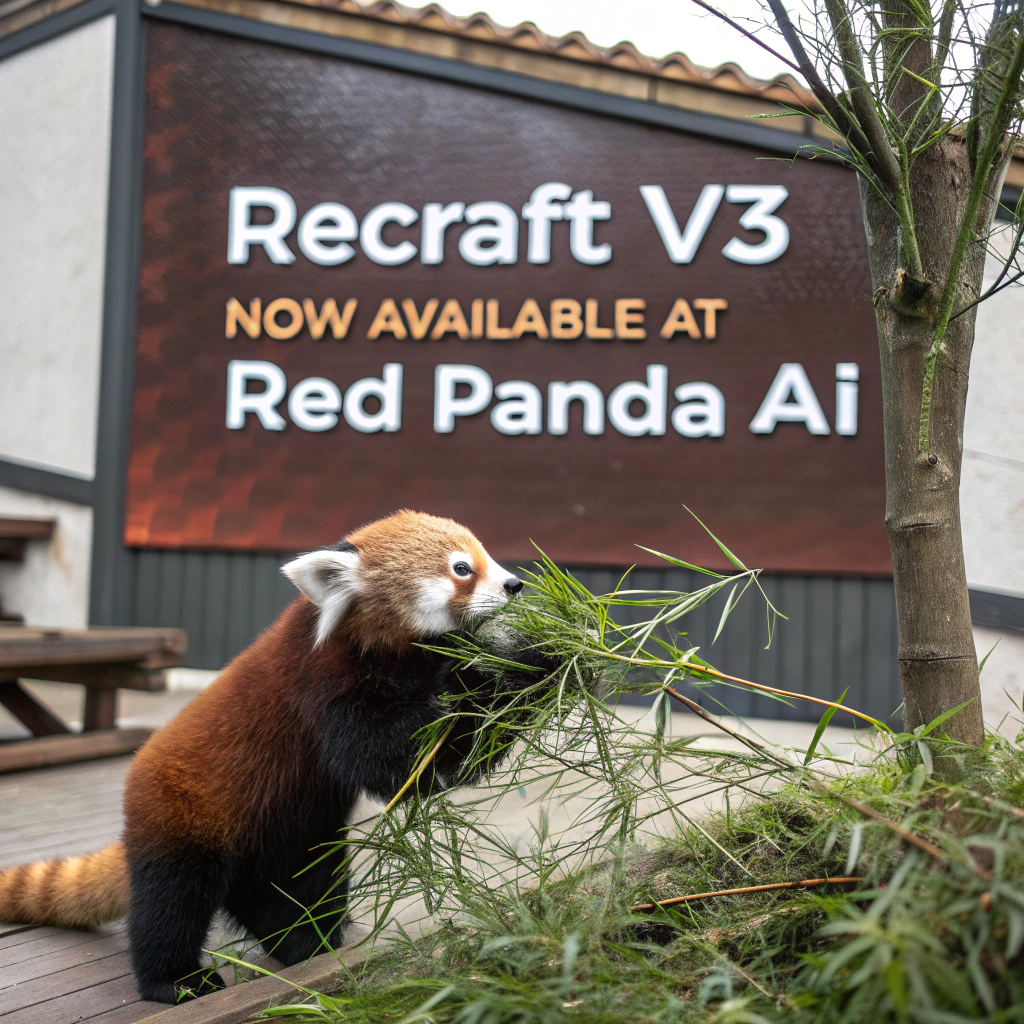 AI generated image by Red Panda AI: a red panda eating a bamboo in front of a poster that says "recraft V3 now available at red panda ai