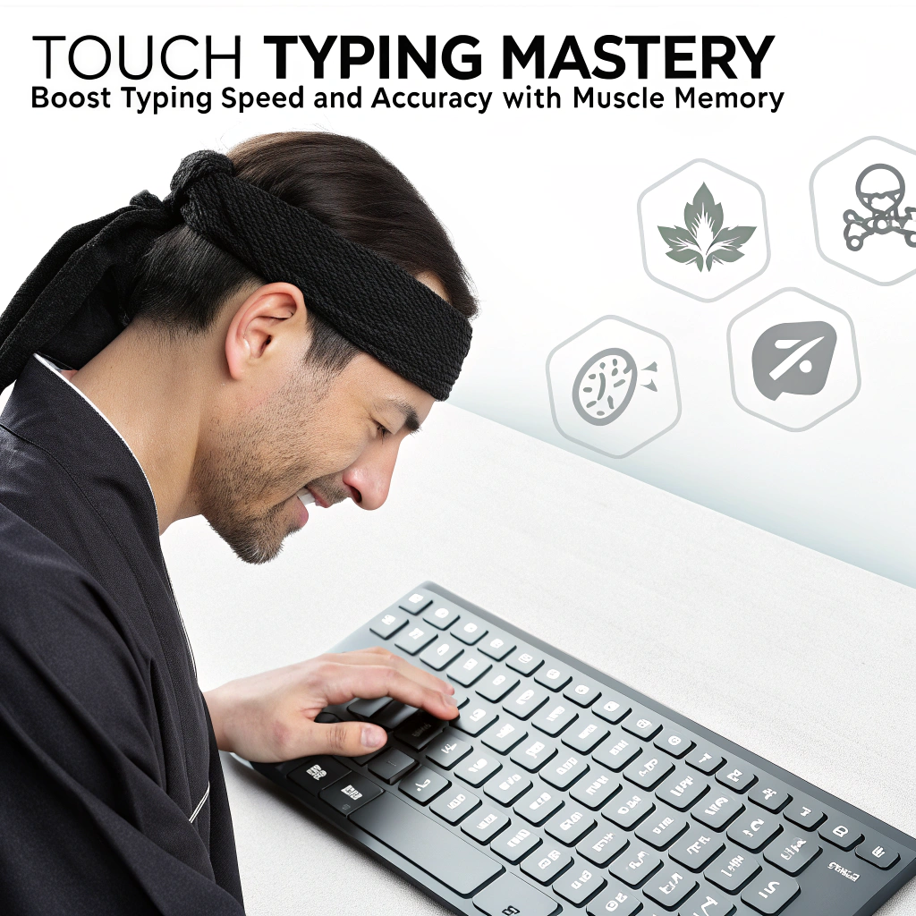 AI generated image by Red Panda AI: Create a professional book cover for a self-help and instructional book on touch typing, titled 'Touch Typing Mastery: Boost Typing Speed and Accuracy with Muscle Memory.' The cover should feature a sleek, modern keyboard with faint or clear key labels to symbolize touch typing skills. In the foreground, add a character of a blindfolded samurai typing on the keyboard without looking at the keys, representing focus and mastery. Subtle brain or neural network icons should be present to represent the neuroscience of muscle memory and learning.