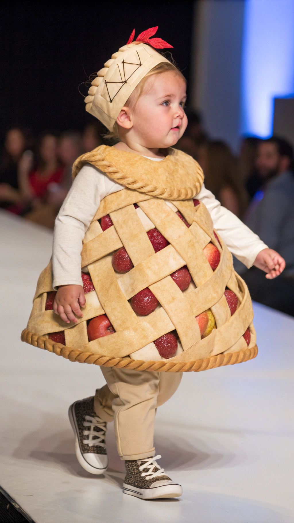 AI generated image by Red Panda AI: A 1-year-old baby model walking down a fashion runway, dressed in a charming outfit made entirely from elements of a classic apple pie. The outfit includes layers resembling golden-brown, lattice-patterned pie crust and slices of fresh, juicy apples that cover the baby’s entire body. The design is whimsical, with hints of cinnamon dusted on the 'crust,' giving a cozy, homemade feel. Professional studio lighting highlights the texture and warmth of the pie-inspired 'fabric,' with a soft glow reflecting off the golden crust. The baby’s expression is curious and playful, making this high-quality Blender-rendered scene on the runway both delightful and heartwarming.