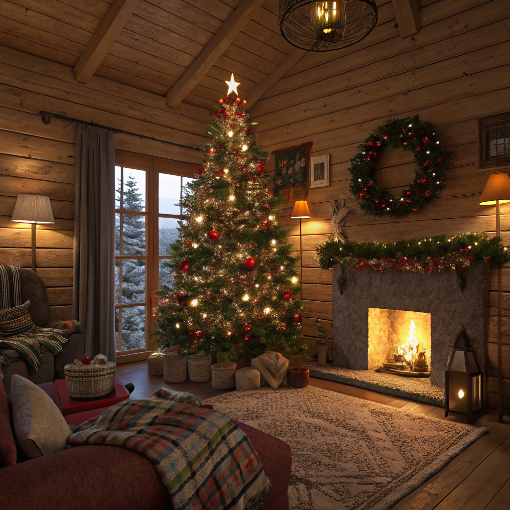 AI generated image by Red Panda AI: generate me a cozy vibe christmas cabin with decorated Christmas tree and colored lamps all over 