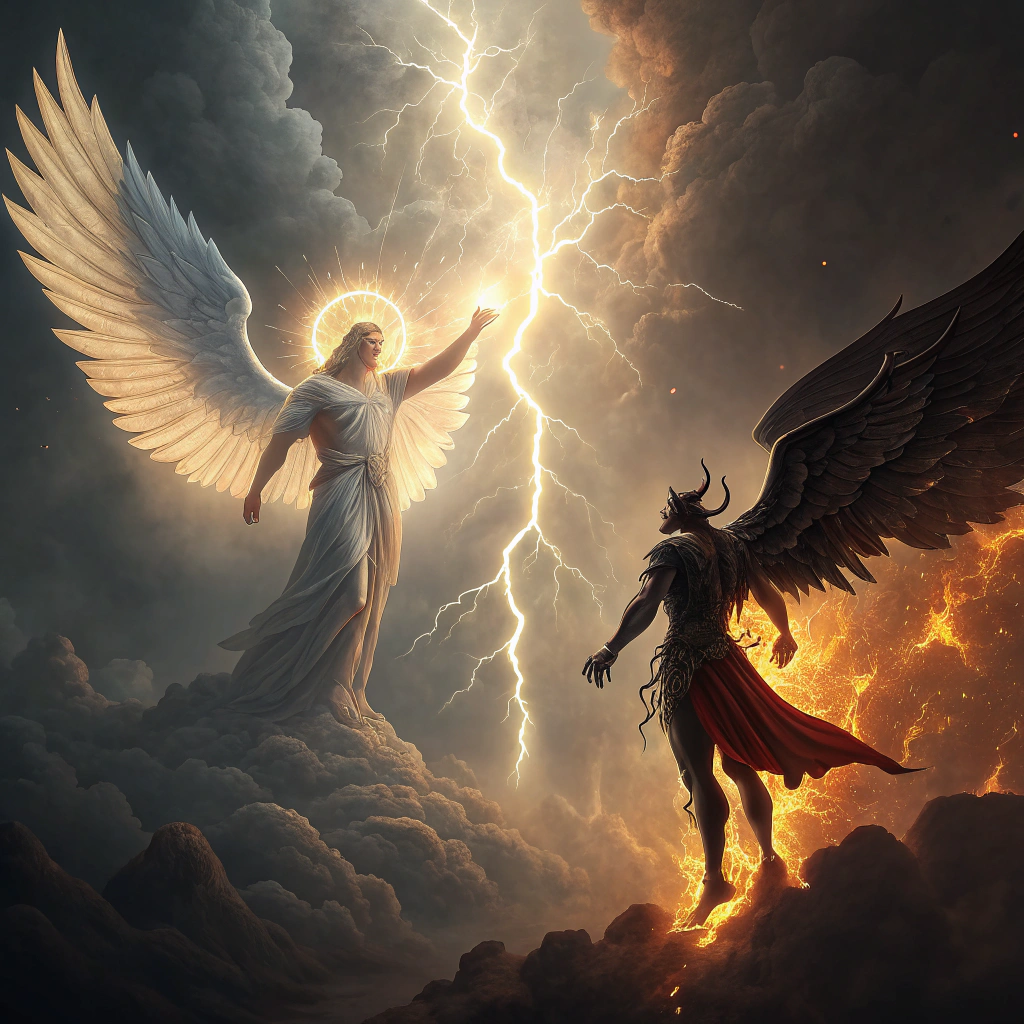 AI generated image by Red Panda AI: Una escena épica y dramática que represente el conflicto celestial entre el bien y el mal. En el centro, un ser divino luminoso (Dios) con una expresión de autoridad y tristeza, rodeado de rayos de luz dorada. A su lado, un ángel caído oscuro y poderoso (Satanás) con alas rotas y una mirada desafiante, envuelto en llamas y sombras. Alrededor, otros ángeles caídos con expresiones de rebelión y dolor, flotando en un fondo de cielos tormentosos con nubes oscuras y destellos de relámpagos. La escena debe transmitir un tono misterioso, espiritual y lleno de tensión. Colores contrastantes: dorados, blancos y negros, con detalles realistas y un estilo artístico impactante para una miniatura de YouTube."